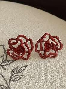 1 Pair Vintage Elegant Red Rose Flower Pattern Stud Earrings, Suitable For Women To Wear On Vacation, Party, Holiday, Couple Date, Birthday Gift, Mother's Day Gift