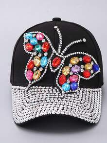 Nueva gorra de béisbol de mezclilla con mariposa de rhinestone, sombrero casual versátil para exteriores, protección UV