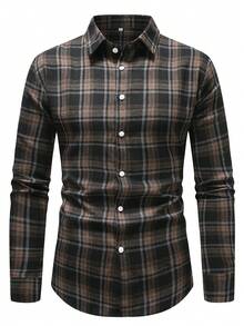 Men's Long Sleeve Brushed Plaid Shirt, Casual, New, Black/Coffee Color, Autumn/Winter - 咖啡棕 - 查看 2