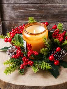 1 Pc Christmas Decorative Garland, Candle Holder Decoration Ring, Red Berry Pine Cones, Pine Needle Candle Holder, Scented Candle Cup Decorative Garland, Christmas Decoration, Home Decor, Bedroom Decor, Christmas Gifts, Autumn Decor.