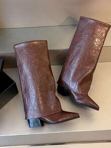 2025 Herbst/Winter Neue Mode Spitze Zulaufende Dicke & Breite Wade Hohe Absatz Stiefel, Braun