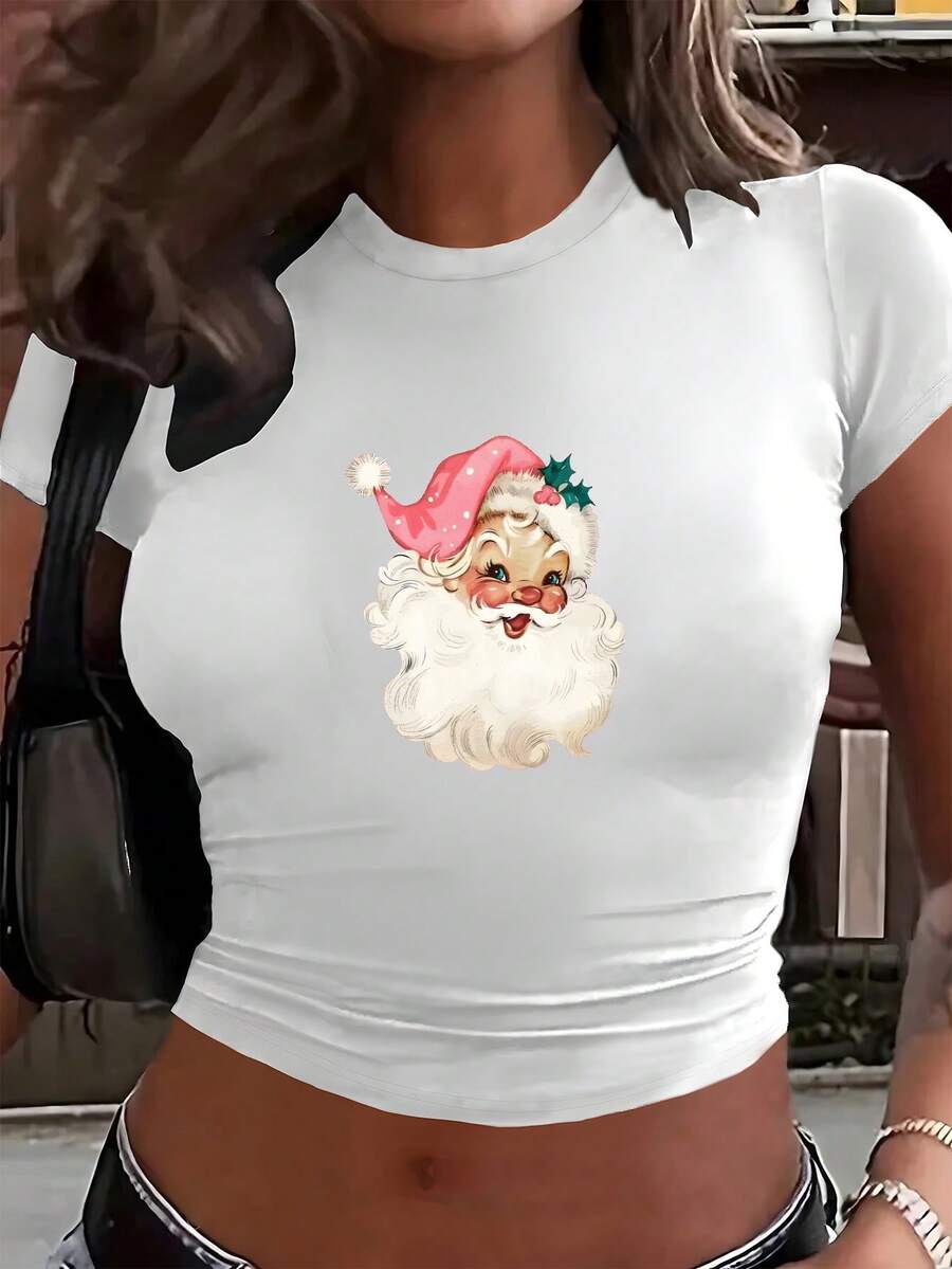1pc Santa Christmas Graphic Print Women's Fashion Short Sleeve T-Shirt, Y2K Clothes, Back To School Clothes, Vintage Clothes, Street Wear, Rock, Holiday, Vacation, Festival, Summer Tops - 白色 - 查看 1