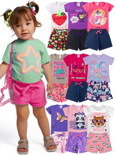 Kit 4 Peças Feminino Sortidos Verão Infantil 1 ao 3 – 2 Camisetas + 2 Shorts – Pronta Entrega