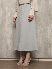 Long Monochromatic Tailored Skirt With Black Belt/Button Details/Casual/Look/Everyday/Summer/Elegant/Casual/Stylish/Collection 2025 - 淺灰色 - 查看 3