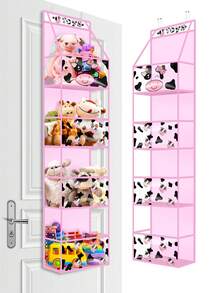 1 件黑色/灰色/粉色 4 层门上悬挂式收纳盒，奶牛图案化妆品壁挂式储物盒，带透明窗口的大容量支架，适用于幼儿园浴室壁橱、卧室、宿舍、婴儿尿布、儿童玩具。（奶牛图案）