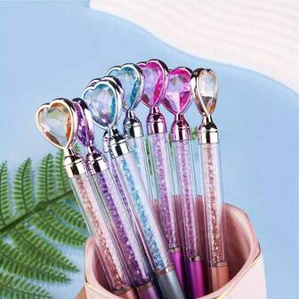 1/3/5 Pcs Diamond Heart & Round Shaped Ballpoint Pens With Metallic Look Barrels, Colorful Faux Metal Pens, Crystal Glitter Diamond Pens, Crystal Gem Ballpoint Pens, 0.7mm Blue Ink