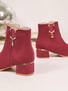 秋冬优雅麂皮中跟粗跟酒红色踝靴，水钻侧拉链靴，时尚弹力女式踝靴 - 酒紅色 - 查看 8