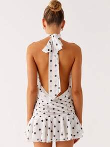 Women's 2026 Halter Dress Polka Dot Print Sleeveless Open Back Ruffle Tiered Layered Chiffon Pleated A Line Swing Mini Dress - trắng - Xem 6