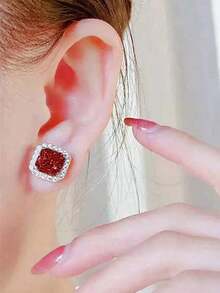 1 Pair Elegant Cubic Zirconia Stud Earrings For Women For Wedding Engagement Anniversary Party Jewelry Valentine's Day Gift, Jewelry Accessories - 銀藍色 - 查看 4