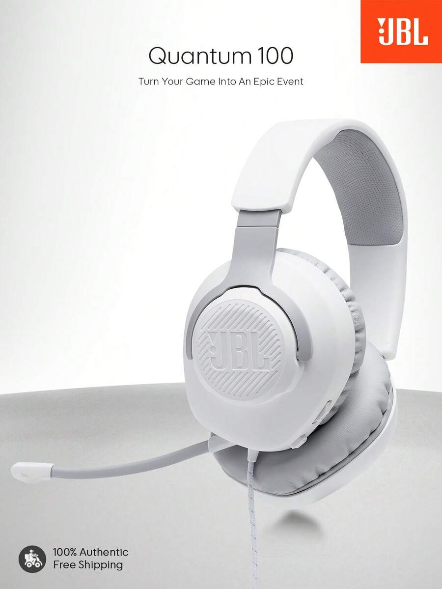 JBL Auriculares de juego con cable Quantum 100 con diadema, memoria de espuma para comodidad, micrófono desmontable para PC, Mac, portátil, tableta, PS4, PS5, Switch con conector de audio de 3.5 mm - Blanco - Ver 1