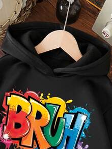 Young Boy Cartoon Letter Pattern Warm Hoodie Sweatshirt - Black - View 3