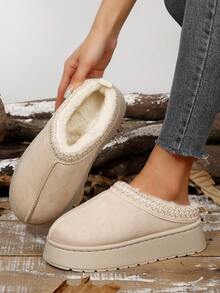 女士毛绒厚底拖鞋，秋冬新款人造保暖内衬套脚坡跟凉鞋，时尚百搭，蓬松拖鞋 - 米色 - 查看 7