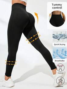 3 piezas Leggings de color negro sólido con cintura alta, levantamiento de glúteos y control del abdomen para mujeres. Tela cálida, transpirable y elástica ideal para gimnasio, actividades al aire libre, entrenamiento y correr. Atuendo esencial para Navidad.
