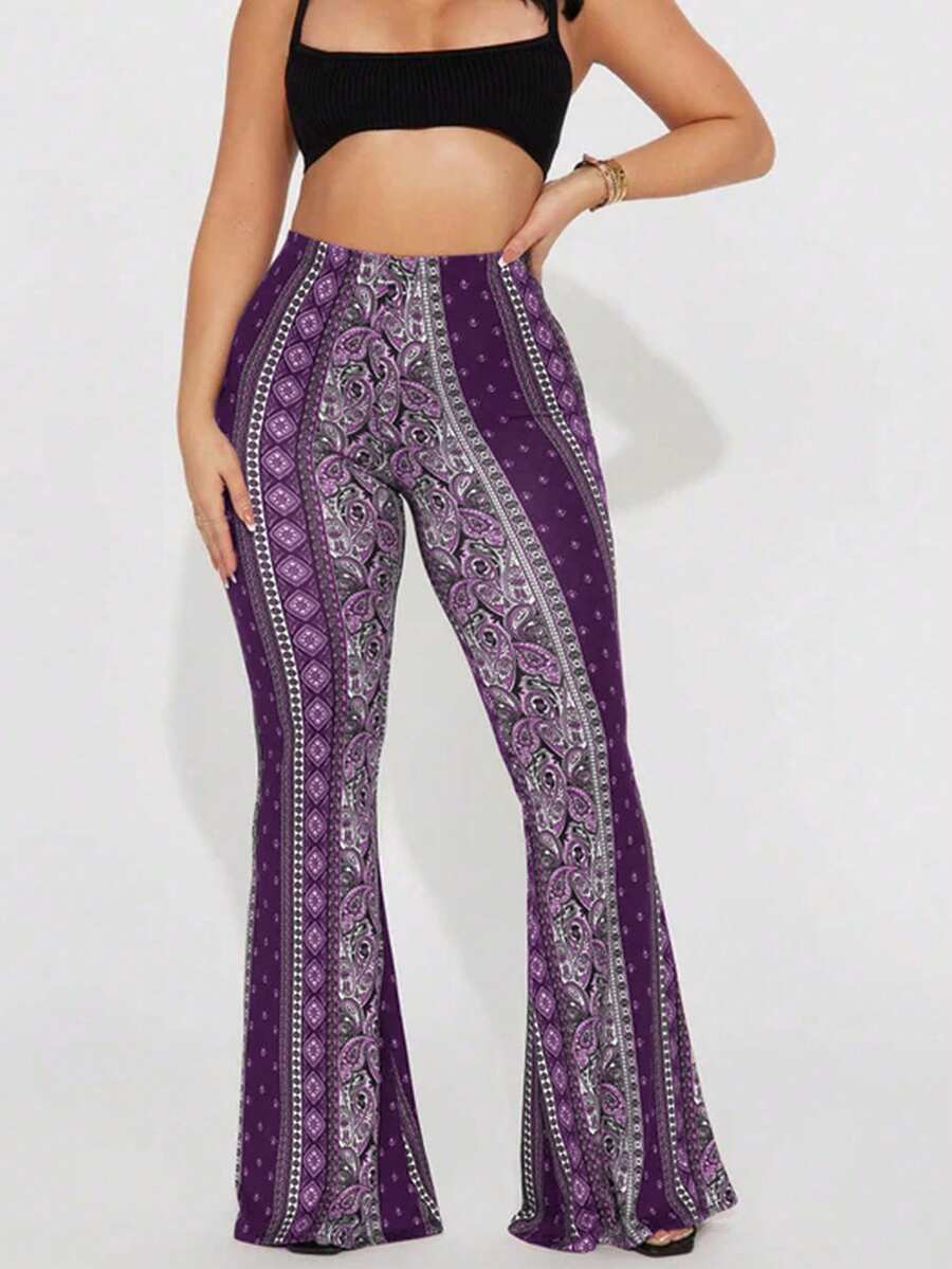 Women's Fashionable Bohemian Style Floral Print Flare Leg Romantic Beach Vacation Party Casual Pants, Suitable For Holidays, Dates, Outings, And Daily Wear Spring - Purple - View 1