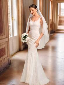 Vestido de novia de sirena de encaje con bordado vintage romántico sin mangas para bodas de jardín y césped en otoño - Blanco - Ver 8