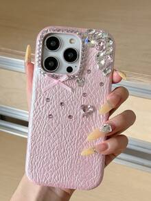 Snake Snakeskin Texture Bow Rhinestone Stacked Phone Case Compatible With Iphone 16, New Compatible With Iphone 17 Case, Shockproof Cover Compatible With Iphone 16 Pro Max, Compatible With Iphone 15 Pro Max, Compatible With Iphone 13, 14, 12, 11 Plus, Pink - Pink - View 1