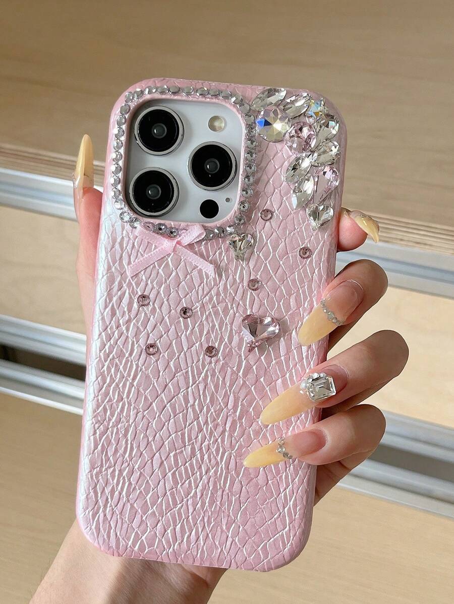 Snake Snakeskin Texture Bow Rhinestone Stacked Phone Case Compatible With Iphone 16, New Compatible With Iphone 17 Case, Shockproof Cover Compatible With Iphone 16 Pro Max, Compatible With Iphone 15 Pro Max, Compatible With Iphone 13, 14, 12, 11 Plus, Pink - Pink - View 1