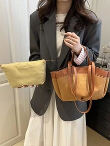 1 Stück braune Retro Wildleder-Optik Patchwork Shopper Tasche, große Kapazität Damen Schultertasche (mit kleiner Innentasche), Herbst/Winter