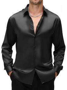 Mens Silk Satin Dress Shirts Shiny Long Sleeve Button Down Shirt Party Prom Wedding Shirthalloween - trắng - Xem 6