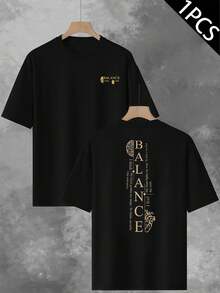 Balance Graphic Men's T-Shirt, Men's Double-Sided Print T-Shirt, Fashion Casual Crew Neck, 220gsm Cotton (1 Piece) - Preto - Ver 1
