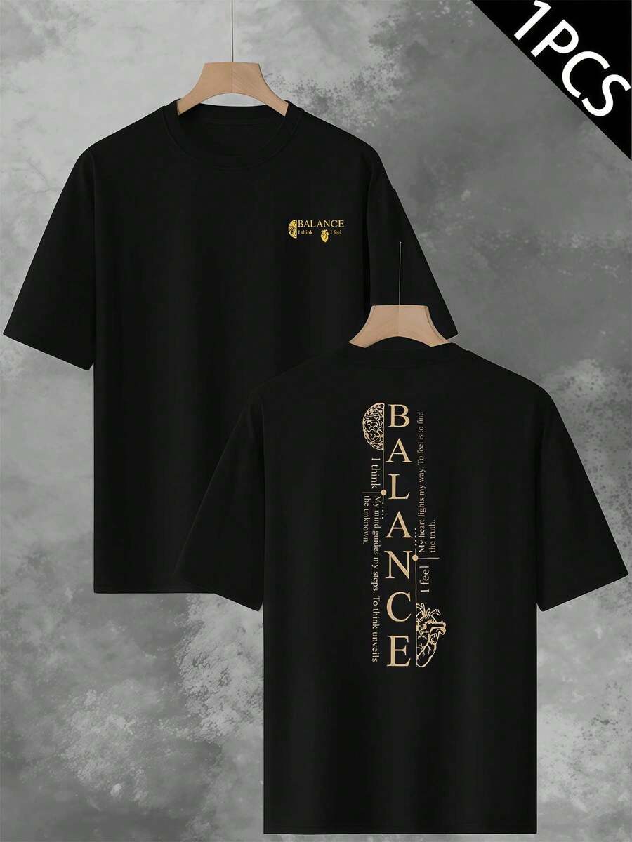 Balance Graphic Men's T-Shirt, Men's Double-Sided Print T-Shirt, Fashion Casual Crew Neck, 220gsm Cotton (1 Piece) - Preto - Ver 1
