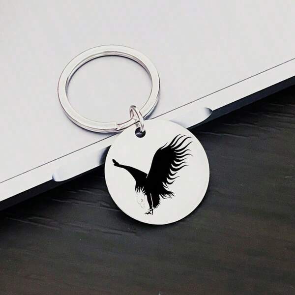1pc Powerful Eagle Stainless Steel Keychain, Black & White Line Art Crafted Creative Pendant, Rust-Resistant Car Key Chain, Suitable For Gift Or Personal Use