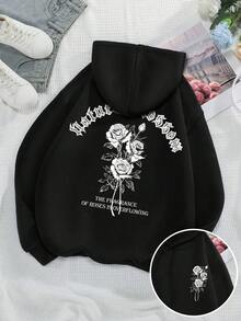 Sudadera hoodie mujer dama bolsillo canguro gorro capucha estampado grafico ROSAS estilo urbano diseño casual caliente frío uso diario | buena calidad | Textura Suave - Negro - Ver 1