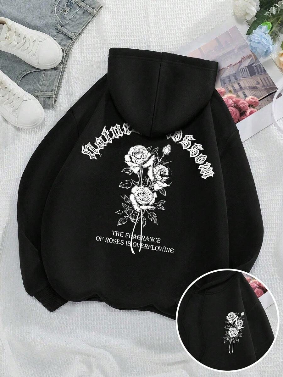 Sudadera hoodie mujer dama bolsillo canguro gorro capucha estampado grafico ROSAS estilo urbano diseño casual caliente frío uso diario | buena calidad | Textura Suave - Negro - Ver 1