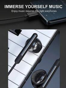 Type-C有線耳機，高清晰度入耳式耳塞，內置麥克風和音量控制，適用於Type-C裝置 - 黑色 - 查看 7