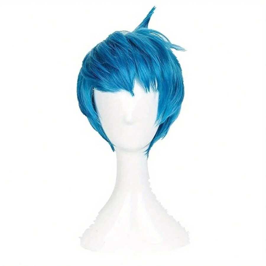 Parrucca da cosplay anime: capelli sintetici blu corti resistenti al calore - perfetta per feste di Ognissanti e eventi festivi