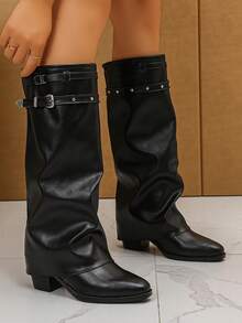 秋冬季时尚尖头高筒女靴，黑色复古粗跟金属扣装饰，街头风、派对的理想之选 - 黑色 - 查看 5