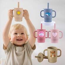 160ml/5.41OZ,100% Silicone Baby Training Cup With Creative Prints Training Cup With Handle And Straw, Anti-Leak Soft Siliconeipple, Easy To Clean Children's Water Cup, Suitable For Babies Over 6 Months)