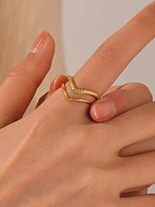 1 Nhẫn trái tim hình chữ V tối giản dành cho nữ, Nhẫn đeo tay có thể điều chỉnh bằng thép không gỉ mạ vàng 18K hai lớp, Trang sức thời trang cho nữ - Vàng - Xem 2