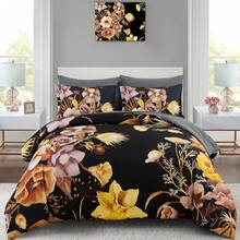 7 Pieces Purple Floral Comforter Sets Full Queen King Bed In A Bag,Elegant Flower Comforter With Sheet Set, Soft Microfiber Bedding Set For Wedding Items,Valentines Day Home Bed Room Decor,Mothers Day Gift,All Season - 金色和黑色 - 查看 2