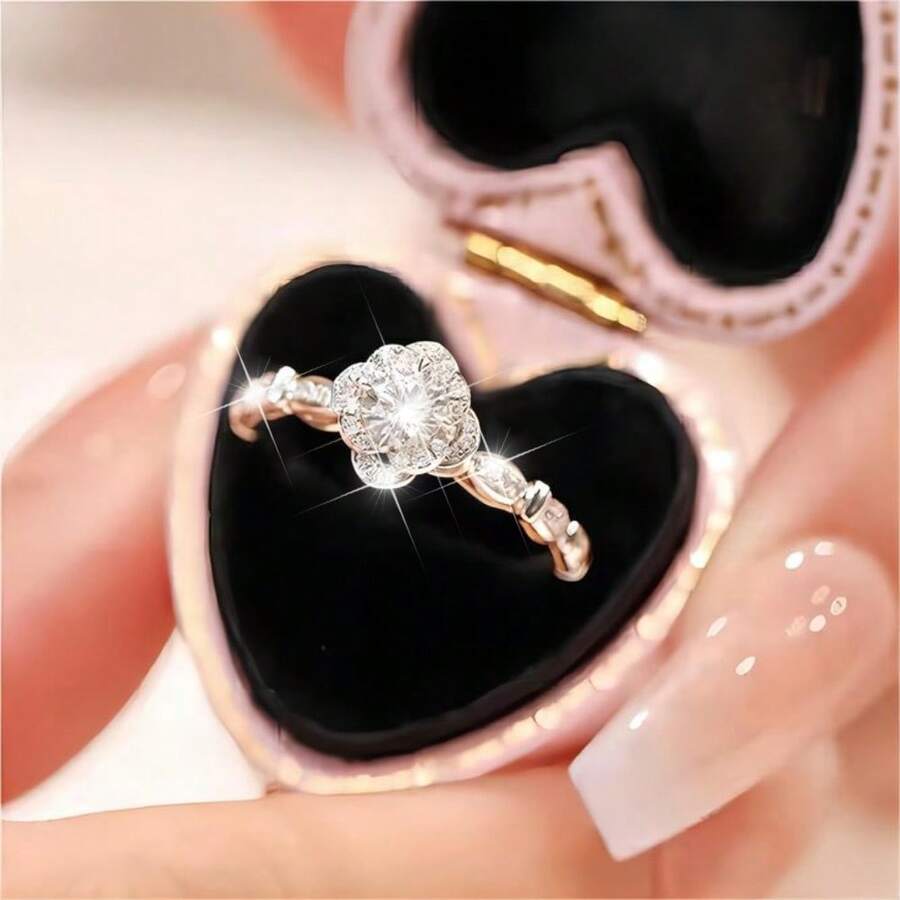 1PC Dazzling Women's Fashion Wedding Band Engagement Party Zirconia Flower Ring Birthday Anniversary Christmas Gifts For Women Girlfriend Fine Jewelry Size 5-11# - 銀色 - 查看 1