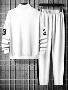 Men's Business Casual Knight Print Half-Zip Drop Shoulder Sweatshirt And Pants Set, Fall Clothes