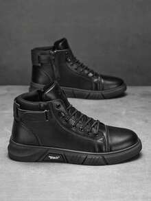 秋季男士高帮靴休闲皮靴百搭英伦复古靴（鞋面线条图案随机，条纹随机，字母随机，鞋舌字母和图案随机）