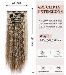 Clip In Hair Extensions,6PCS Hair Extensions Long Mermaid Waves Wavy Synthetic Clip On Hairpiece For Women 24 Inch Light Brown With Blonde Highlights - Blonde Brown 6H613 - View 5
