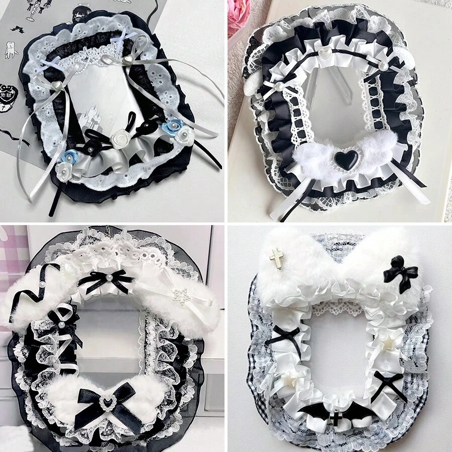 1pc New Black Lace Photo Card Holder, Black & White Patchwork DIY Finished Product 2D Cartoon Anime ACG Character Kpop Star Gachapon Card Display Stand, Handmade Cat Ear Bow Ribbon Lolita Card Holder - 黑色 - 查看 1