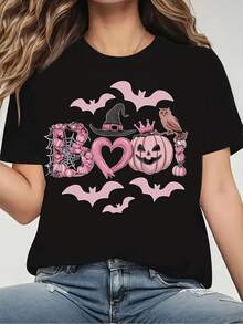 Women's Casual Loose Short-Sleeved T-Shirt, With A Halloween Print, Perfect For Everyday Wear In Spring And Summer, Perfect For Birthdays, Halloween, Thanksgiving, And Christmas