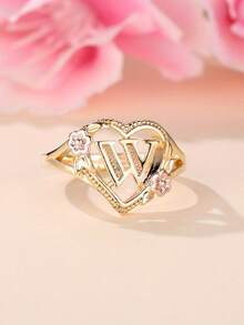 Tsnamer 1枚精美立方氧化锆金色字母心形戒指，26个字母A-Z可定制姓名花朵图案，可调节开口手镯式戒指，适合女性和女孩日常佩戴，生日珠宝礼物 - 金黃色花朵 - 查看 33