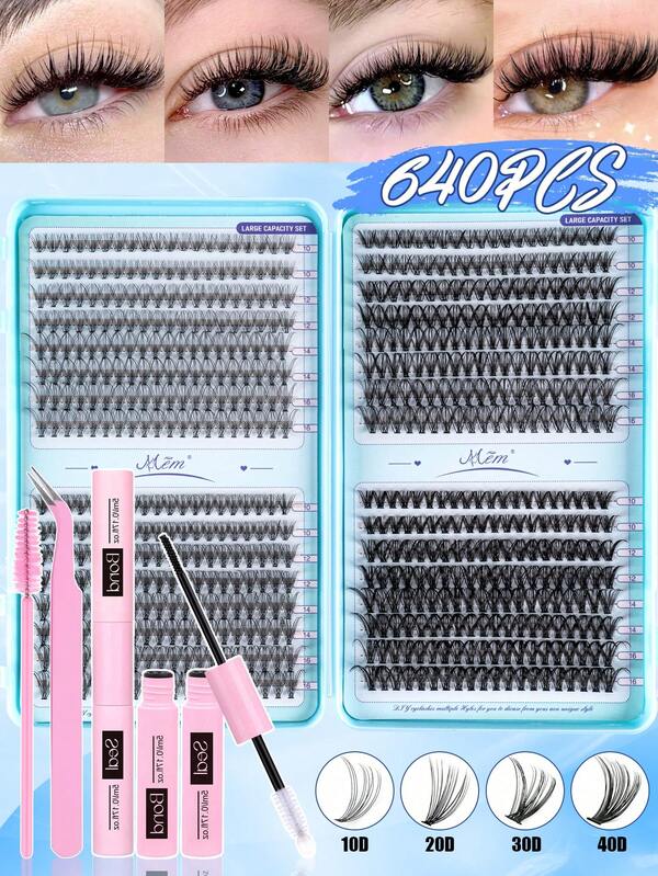 Juego de 640 pestañas postizas DIY, racimos de pestañas individuales de 10-16 mm, surtido de 10D+20D+30D+40D+50D+60D+80D+100D, equipado con rímel, pinzas y cepillo de pestañas, adecuado para principiantes, un exquisito set de regalo, apto para uso diario y de fiesta. Juego de pestañas postizas adecuado para viajes, uso diario para principiantes, bodas, citas, fiestas, festivales, muy adecuado para Navidad/Halloween/regalos de pestañas