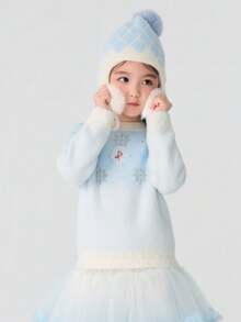Balabala Girls Faux Mink Knit Sweater, Elsa IP, Winter Warm Pullover, Stylish Casual - Blue and White - View 2