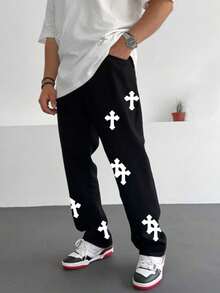 Men's Denim Brand Washed Pants With Cross Print Straight Leg Men's Jeans-Black - 黑色 - 查看 3