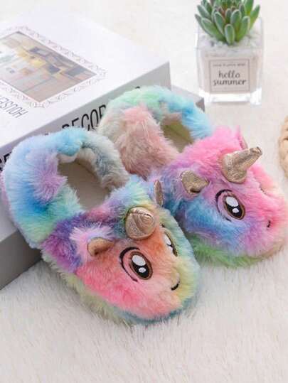 Pantuflas de casa cálidas y silenciosas con estampado de unicornio de dibujos animados para niños, aptas para uso en interiores