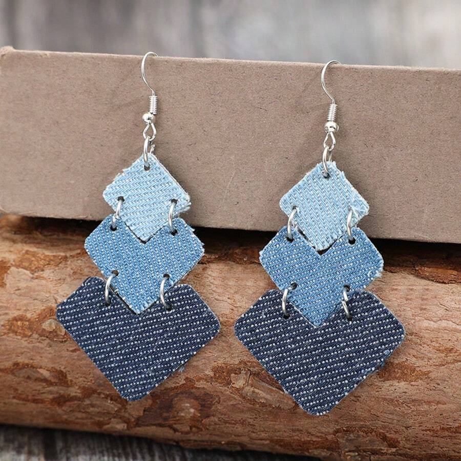 Diamond Gradient Color Matching Denim Style Geometric Splicing Multi-Layer PU Leather Personality Niche Temperament Ladies Earrings - Màu xanh lam - Xem 1