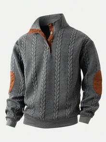 男士休闲纹理四分之一扣套头卫衣，简约时尚男士卫衣，长袖上衣 - 深灰色 - 查看 1