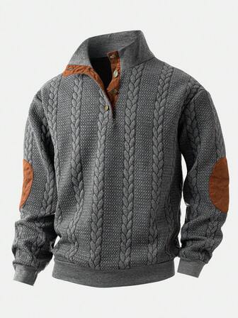 Men's Casual Textured Quarter Button Pullover Sweatshirt, Simple And Style Sweatshirt For Men, Long Sleeve Top