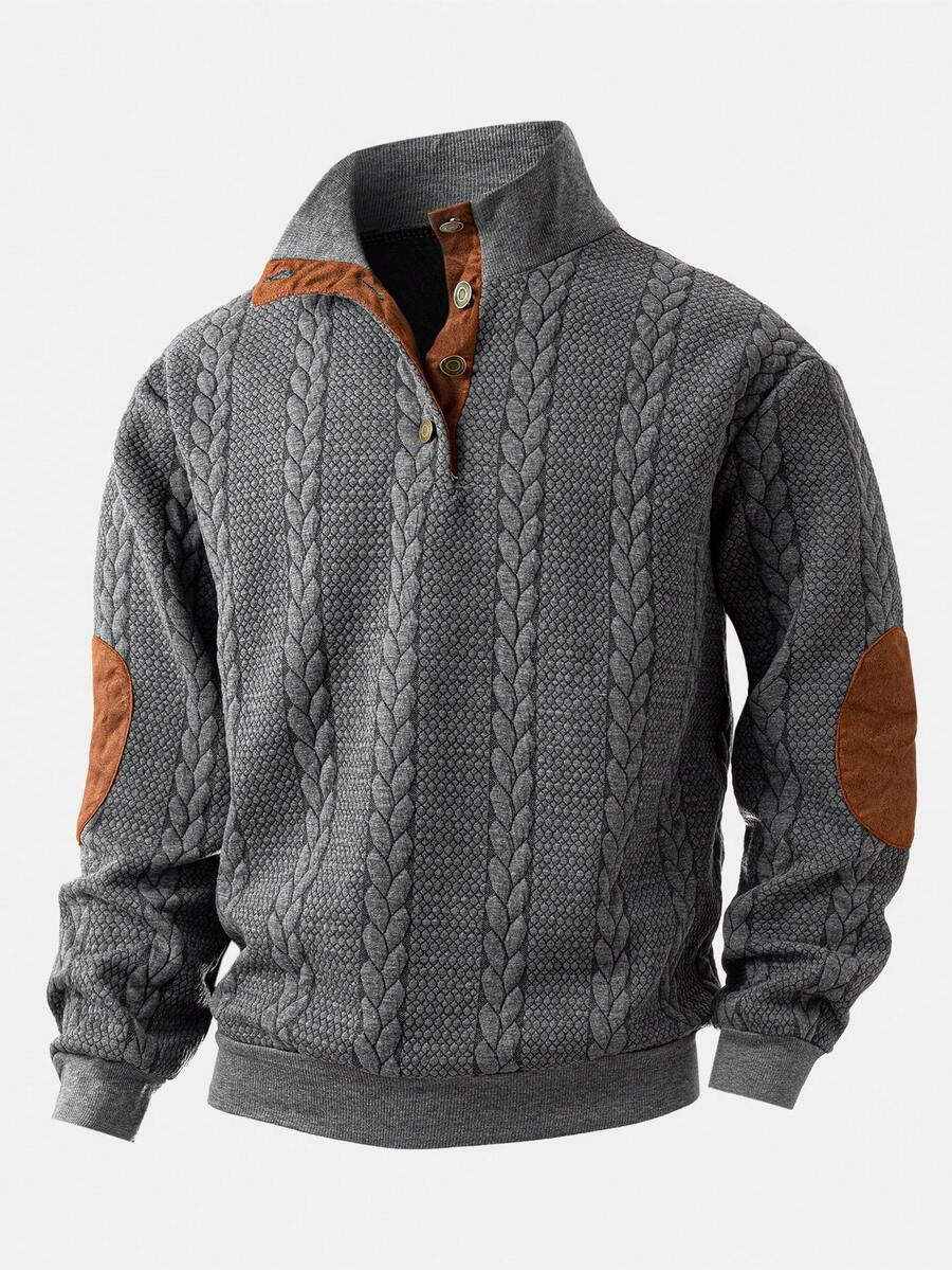 男士休闲纹理四分之一扣套头卫衣，简约时尚男士卫衣，长袖上衣 - 深灰色 - 查看 1