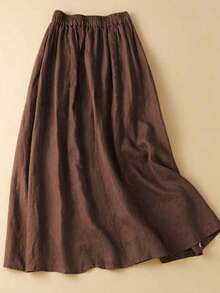 女士夏季度假艺术风单层薄款中长款弹力腰休闲纯色半身裙，适合日常休闲、通勤、海滩度假等场合穿着。 - 深棕 - 查看 4